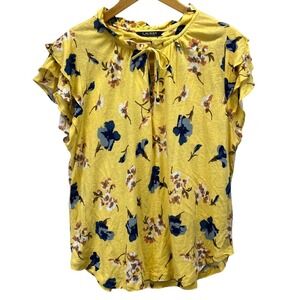 Lauren Ralph Lauren Yellow Floral Ruffle Sleeve Tie Blouse Women's XL Top READ